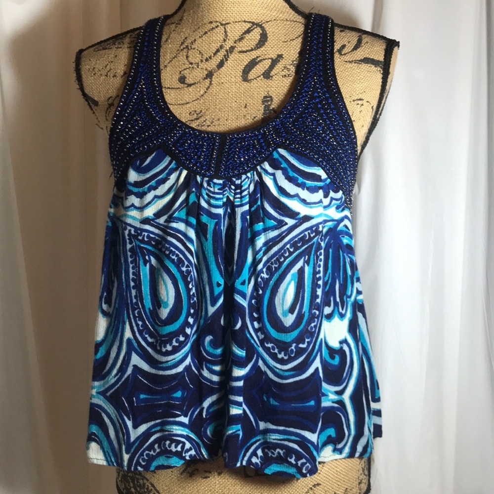 Angie Beaded Embellished Blue Paisley Tank Top S